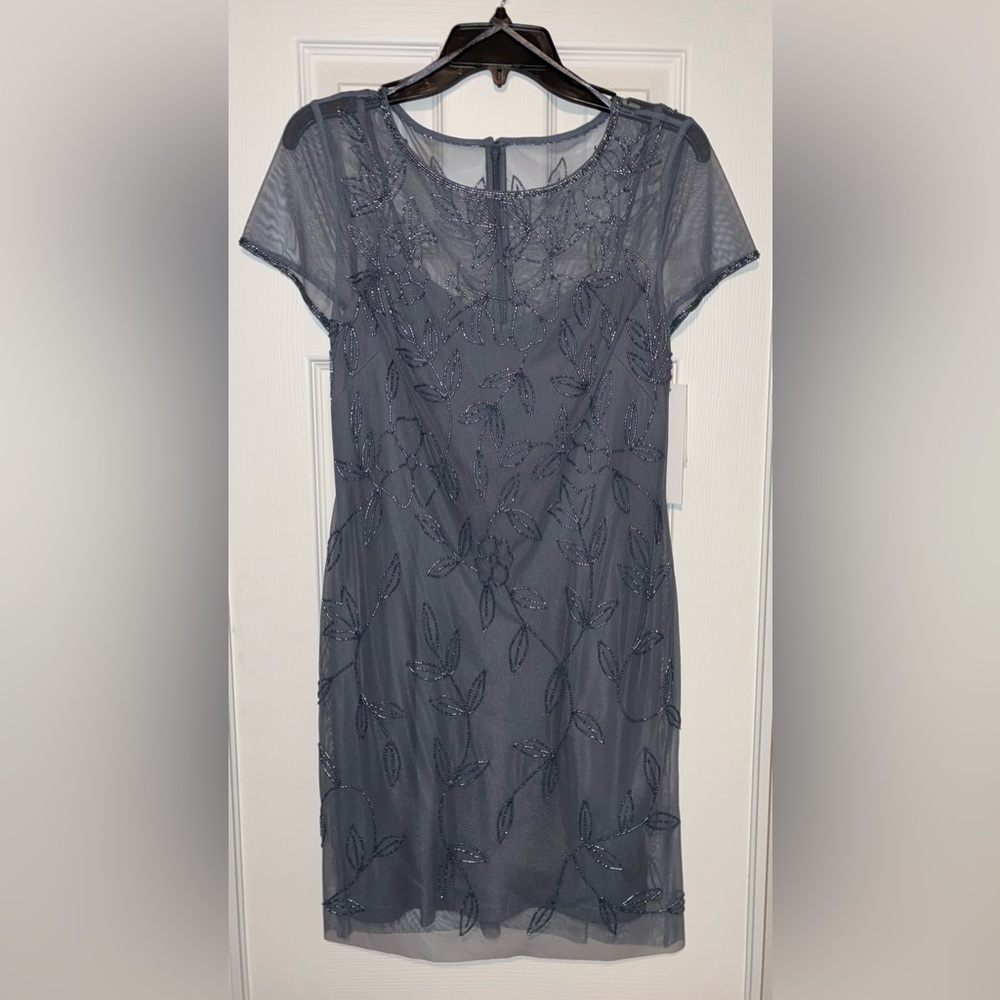 Adrianna Papell Blue Gray Beaded Floral Sheer Mesh Party Cocktail Dress Size 6